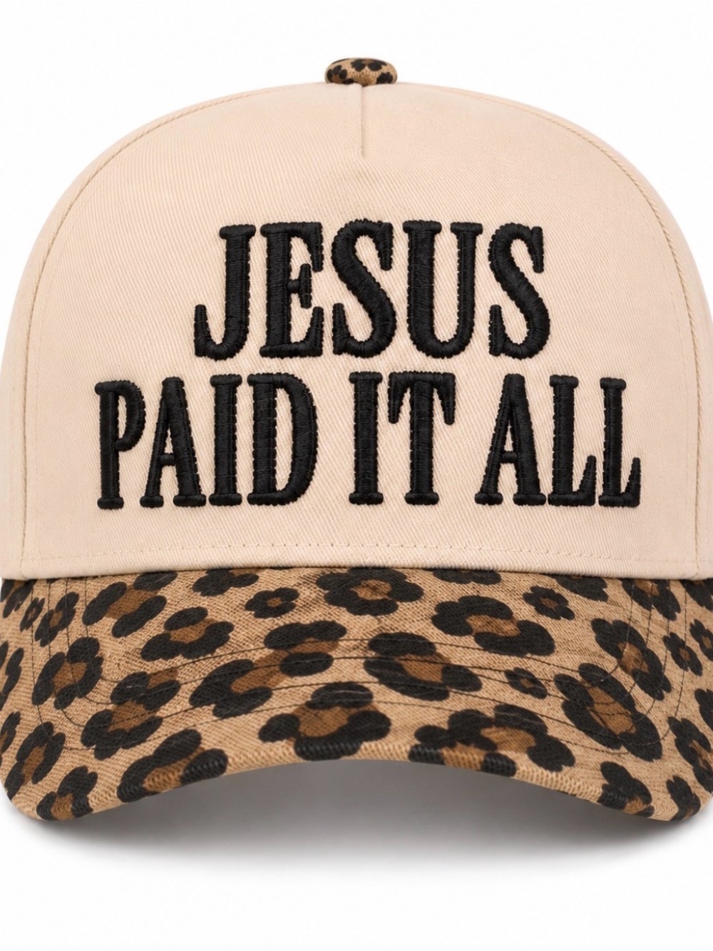 “Jesus Paid It All” Embroidered Trucker Hat | Cream Leopard Faith Cap NWT